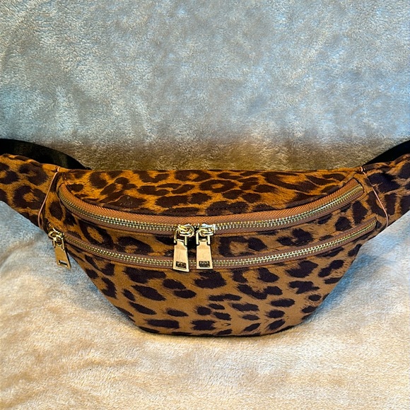 Handbags - Brown Leopard Print Suede-Feel Three-Pocket Belt Bag with Black Adjustable Strap